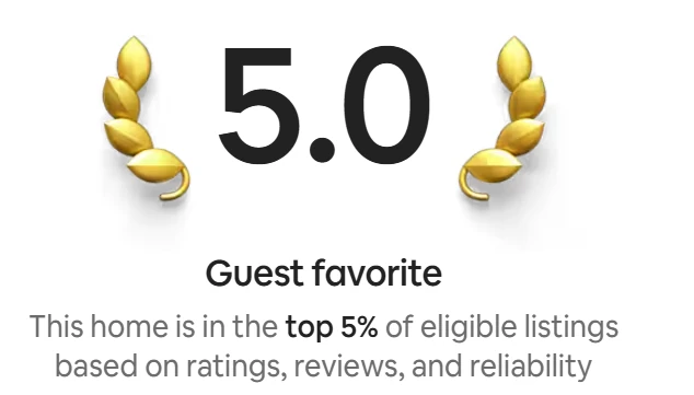 Airbnb Guest Favorite badge: 5.0 rating. This home is in the top 5% of eligible listings based on ratings, reviews, and reliability.